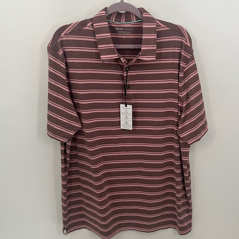 Michel Rouen pink striped golf performance polo